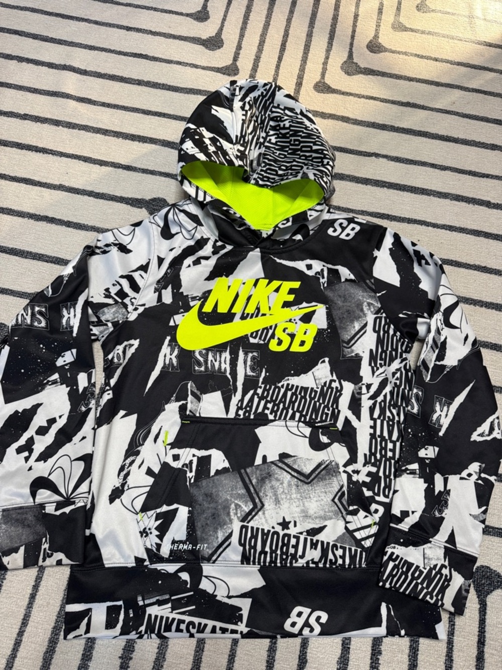 Nike SB Black & White Graphic Hoodie with Neon Yellow Logo